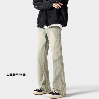 Дънки деним със средна талия, прави крачета, каменно измиване, много джобове, ретро стил