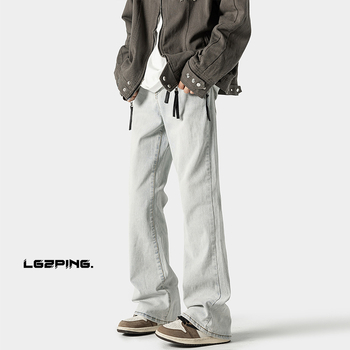 Дънки деним със средна талия, прави крачета, каменно измиване, много джобове, ретро стил