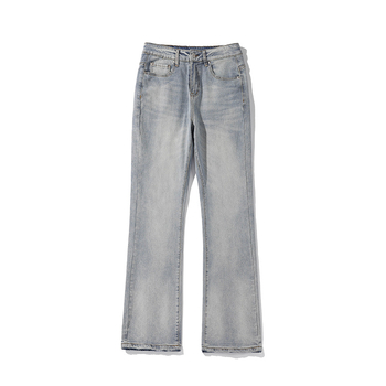 Дънки деним със средна талия, прави крачета, каменно измиване, много джобове, ретро стил
