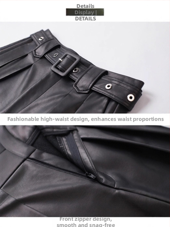 Дамски панталони от естествена кожа, висок талия, широк крак, прави дълги, кожа от коза, спандекс, есенно-зимна 2025