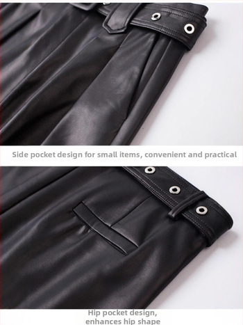 Дамски панталони от естествена кожа, висок талия, широк крак, прави дълги, кожа от коза, спандекс, есенно-зимна 2025