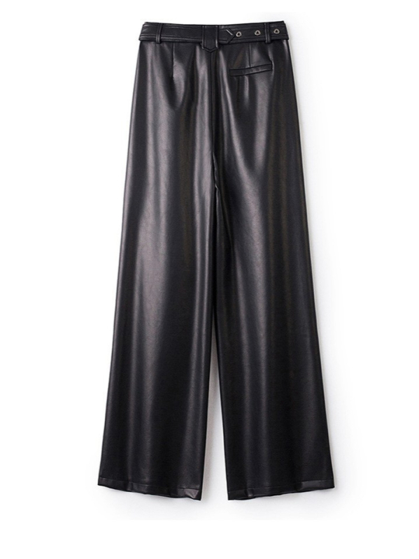 Női kecskebőr nadrág, magas derék, széles szárú, egyenes hosszú fazon, spandex anyaggal, őszi-téli 2025