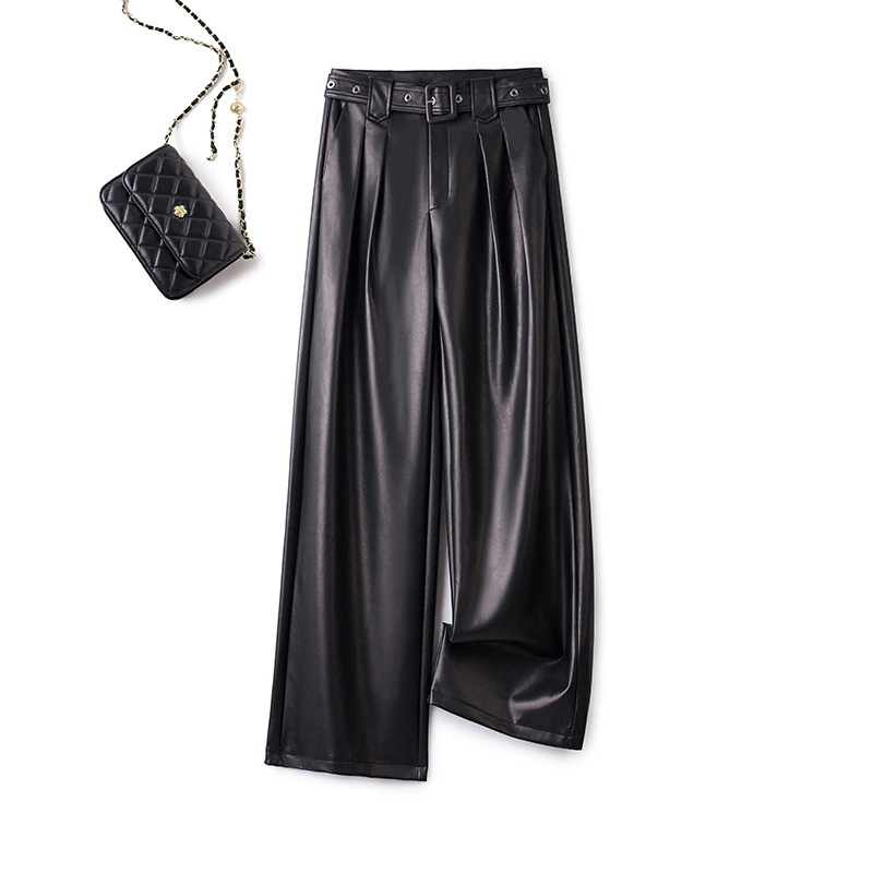 Női kecskebőr nadrág, magas derék, széles szárú, egyenes hosszú fazon, spandex anyaggal, őszi-téli 2025