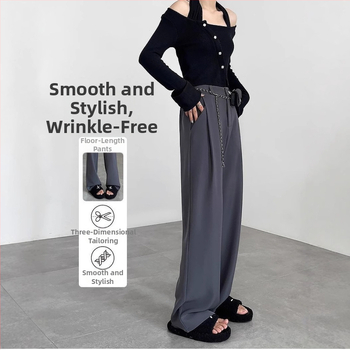 Женски панталони с широки крачоли и висока талия, ежедневен стил с корейски акцент, полиестер-еластанова смес, висока еластичност, пролет 2024