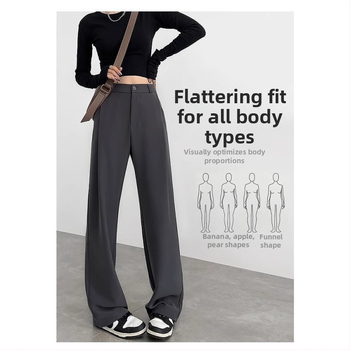 Женски панталони с широки крачоли и висока талия, ежедневен стил с корейски акцент, полиестер-еластанова смес, висока еластичност, пролет 2024