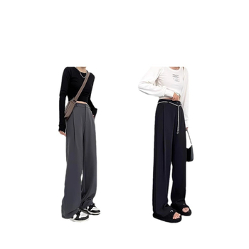 Женски панталони с широки крачоли и висока талия, ежедневен стил с корейски акцент, полиестер-еластанова смес, висока еластичност, пролет 2024
