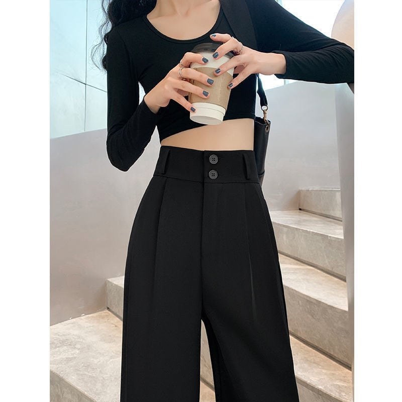 Женски панталони с широки крачоли и висока талия, ежедневен стил с корейски акцент, полиестер-еластанова смес, висока еластичност, пролет 2024