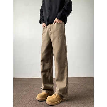 Джинси с прав силует, с множество джобове, средна талия, памучен деним, измити