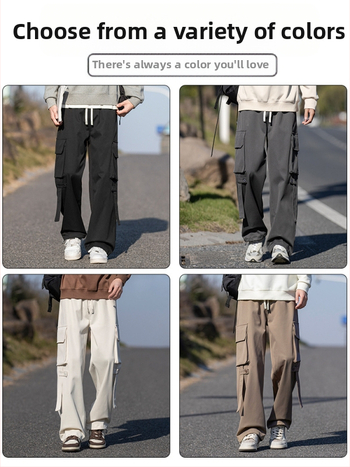 Ανδρικά παντελόνια cargo για φθινόπωρο — ίσια γραμμή, μεσαία μέση, κλείσιμο με κορδόνι, 100% πολυεστέρας