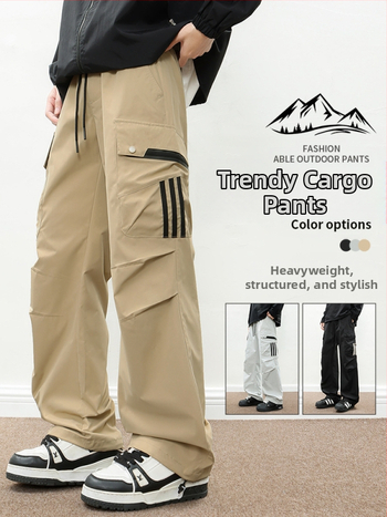 Ανδρικά παντελόνια cargo για φθινόπωρο — ίσια γραμμή, μεσαία μέση, κλείσιμο με κορδόνι, 100% πολυεστέρας