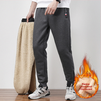 Ανδρικά παντελόνια φόρμας με επένδυση φλίς, φαρδιά γραμμή, μεσαία μέση, για χειμώνα, μίξη πολυεστέρα