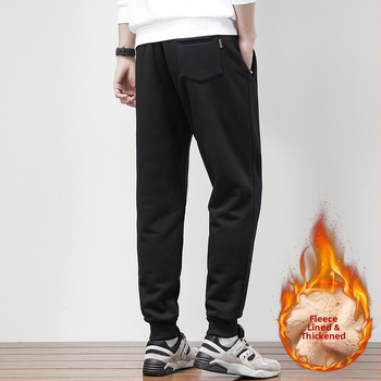 Ανδρικά παντελόνια φόρμας με επένδυση φλίς, φαρδιά γραμμή, μεσαία μέση, για χειμώνα, μίξη πολυεστέρα