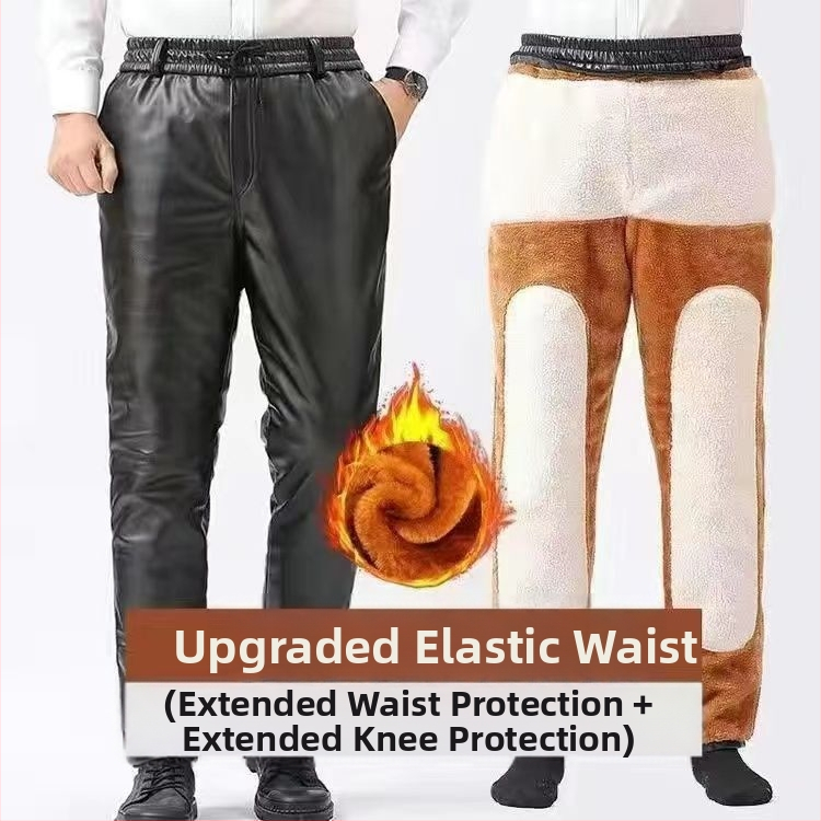 Мъжки PU кожени панталони с подплата от пух, права кройка, висока талия, зимен дебел материал, ретро стил