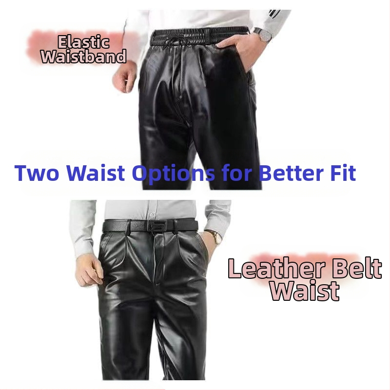 Мъжки PU кожени панталони с подплата от пух, права кройка, висока талия, зимен дебел материал, ретро стил