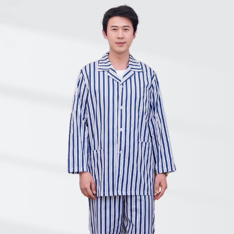 Ligoninės pacientų chalatas, medvilnė, unisex, ilgos rankovės, kostiumo tipo apykaklė, drėgmę išgarinanti medžiaga