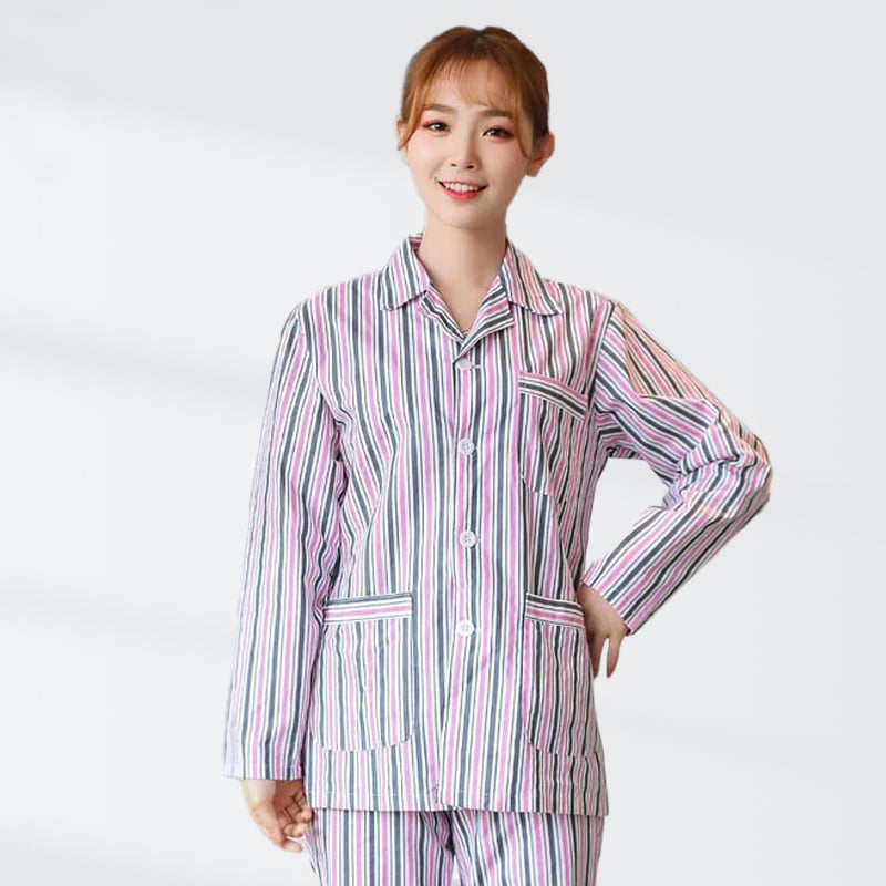 Ligoninės pacientų chalatas, medvilnė, unisex, ilgos rankovės, kostiumo tipo apykaklė, drėgmę išgarinanti medžiaga