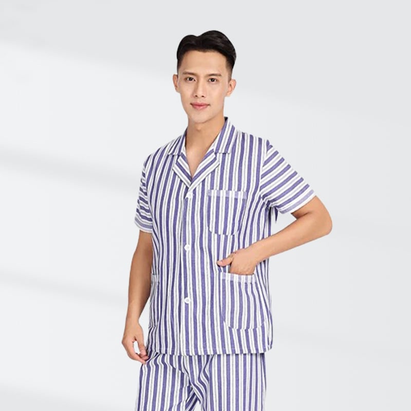 Ligoninės pacientų chalatas, medvilnė, unisex, ilgos rankovės, kostiumo tipo apykaklė, drėgmę išgarinanti medžiaga