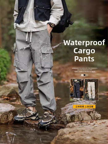 Ανδρικά ναϊλον cargo casual παντελόνια με πολλαπλές τσέπες, ζώνη και κορδόνι κλεισίματος, μεσαία μέση, τεσσάρων εποχών άνεσης