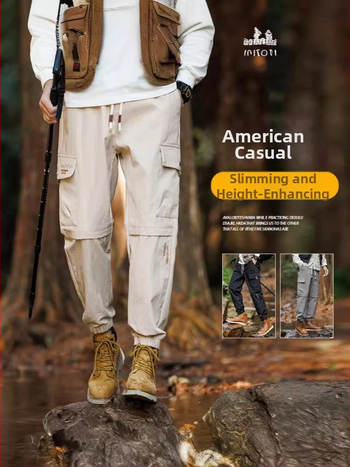 Ανδρικά ναϊλον cargo casual παντελόνια με πολλαπλές τσέπες, ζώνη και κορδόνι κλεισίματος, μεσαία μέση, τεσσάρων εποχών άνεσης