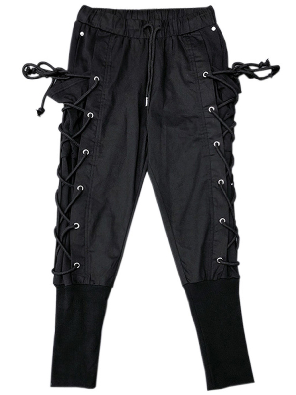 Férfi mindennapi nadrág hip-hop stílusban, szoros szabású, konikus szárú, pamutból, középső derék, húzózsinóros zárás, bokáig érő szegély, vasalásmentes, díszítő betétekkel