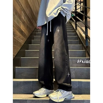 Мъжки дънки със свободен силует и висока талия, разкъсани участъци, закопчаване с връзка, полиестерно-флисова смес за ежедневна употреба