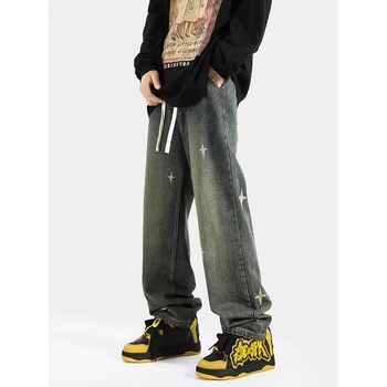 Мъжки дънки със свободен силует и висока талия, разкъсани участъци, закопчаване с връзка, полиестерно-флисова смес за ежедневна употреба