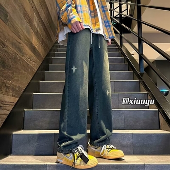 Мъжки дънки със свободен силует и висока талия, разкъсани участъци, закопчаване с връзка, полиестерно-флисова смес за ежедневна употреба