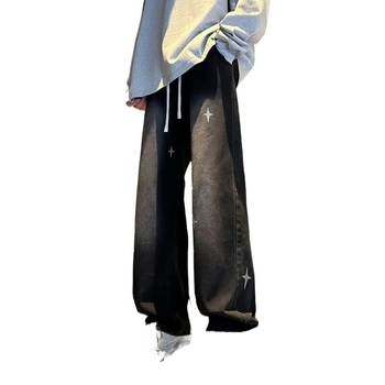 Мъжки дънки със свободен силует и висока талия, разкъсани участъци, закопчаване с връзка, полиестерно-флисова смес за ежедневна употреба