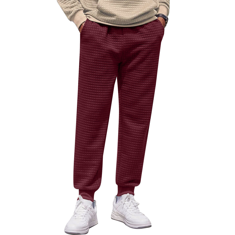 Мъжки панталони от вафелено платно, Slim Fit, средно повдигнат талия, връзка за закопчаване, летни спортно-ежедневни