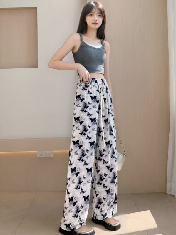 Панталони с широка кройка за жени, полиестер, висока талия, принт с акварелен мотив, свободна кройка, лято