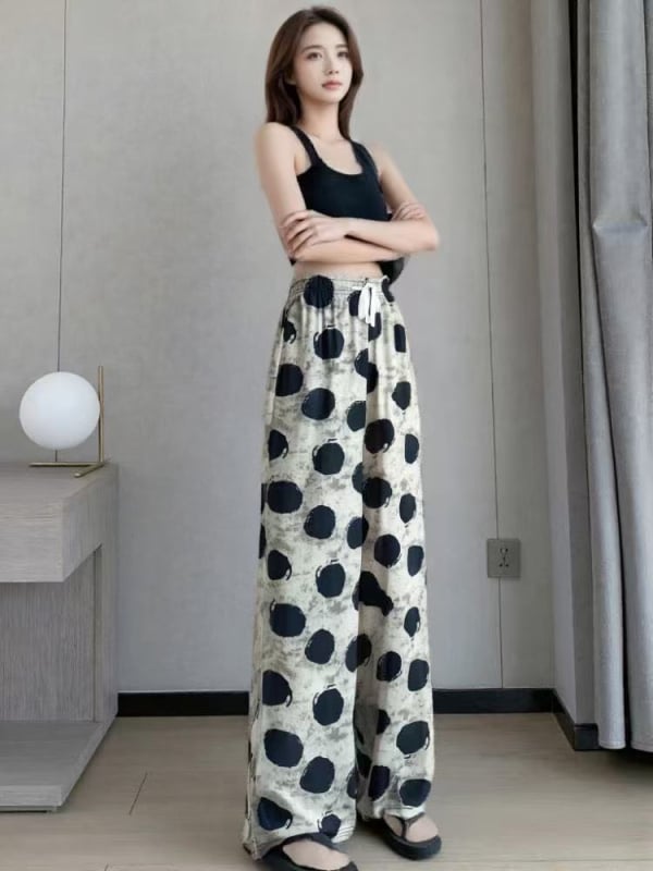 Панталони с широка кройка за жени, полиестер, висока талия, принт с акварелен мотив, свободна кройка, лято