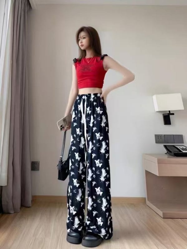 Панталони с широка кройка за жени, полиестер, висока талия, принт с акварелен мотив, свободна кройка, лято