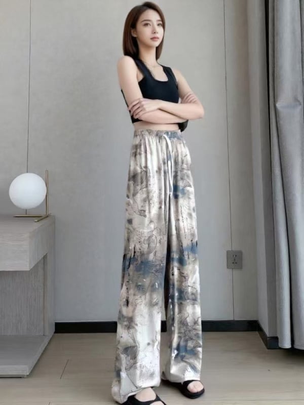 Панталони с широка кройка за жени, полиестер, висока талия, принт с акварелен мотив, свободна кройка, лято