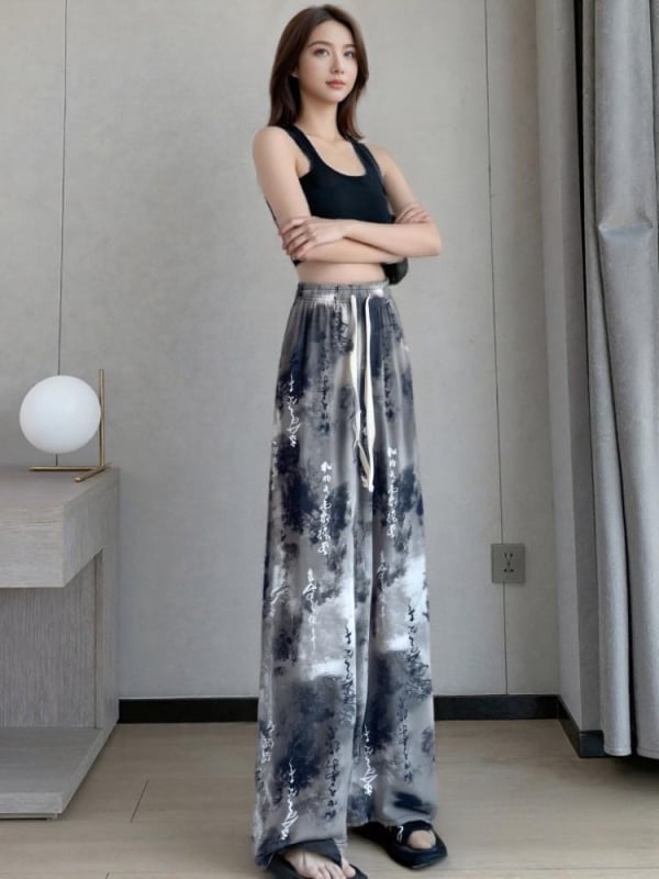 Панталони с широка кройка за жени, полиестер, висока талия, принт с акварелен мотив, свободна кройка, лято