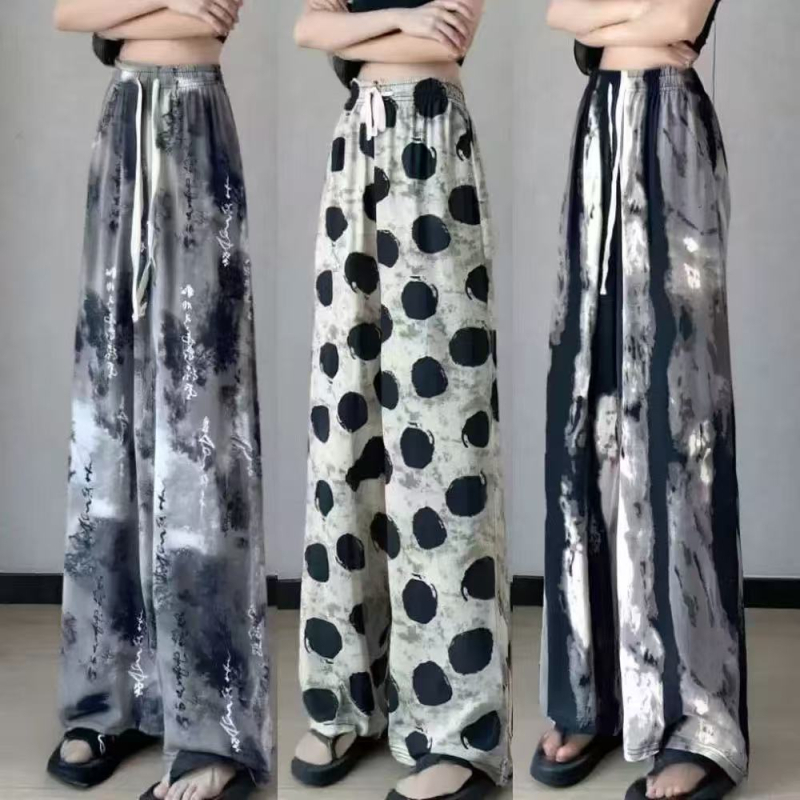 Панталони с широка кройка за жени, полиестер, висока талия, принт с акварелен мотив, свободна кройка, лято