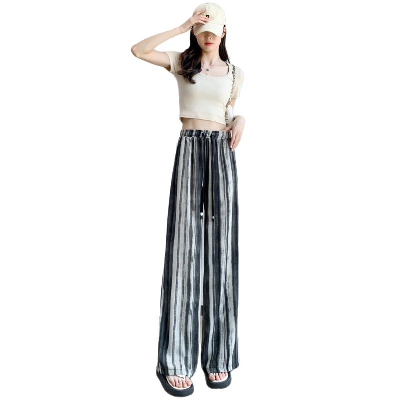 Панталони с широка кройка за жени, полиестер, висока талия, принт с акварелен мотив, свободна кройка, лято