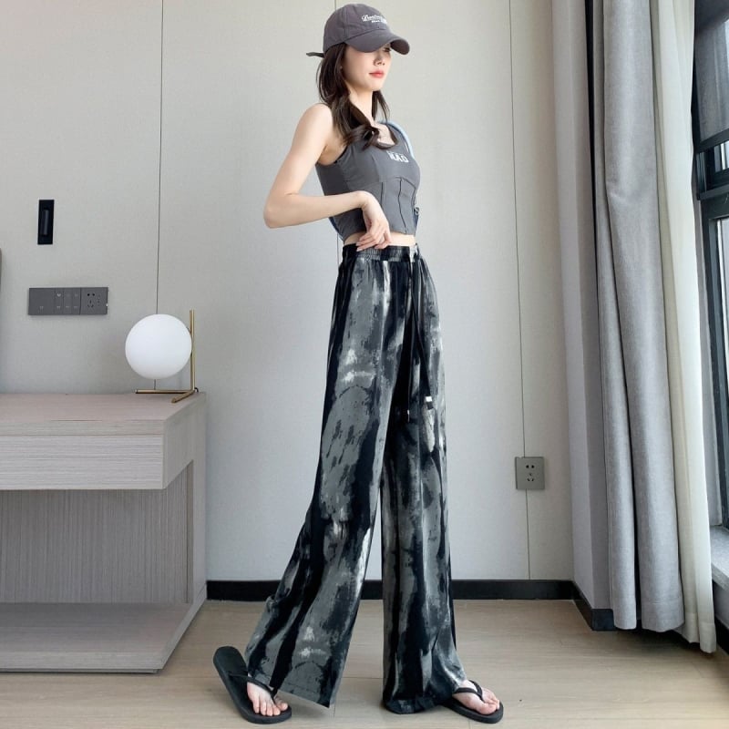 Панталони с широка кройка за жени, полиестер, висока талия, принт с акварелен мотив, свободна кройка, лято