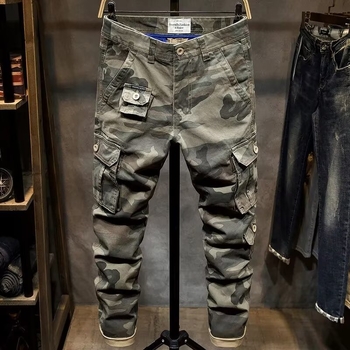 Мъжки тактически камуфляжни панталони с множество джобове — свободна кройка, цип за закопчаване, средна талия, полиестерна смесена материя