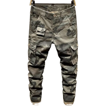 Мъжки тактически камуфляжни панталони с множество джобове — свободна кройка, цип за закопчаване, средна талия, полиестерна смесена материя