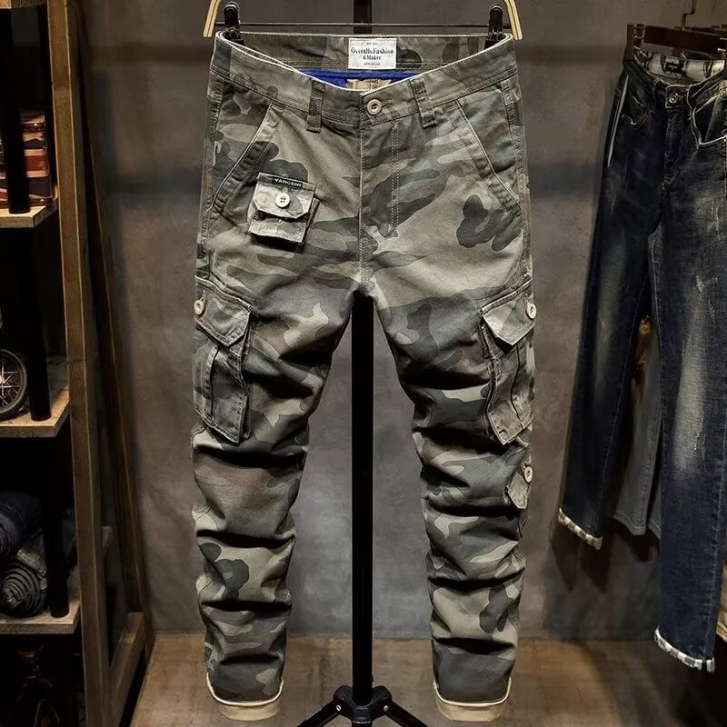 Мъжки тактически камуфляжни панталони с множество джобове — свободна кройка, цип за закопчаване, средна талия, полиестерна смесена материя