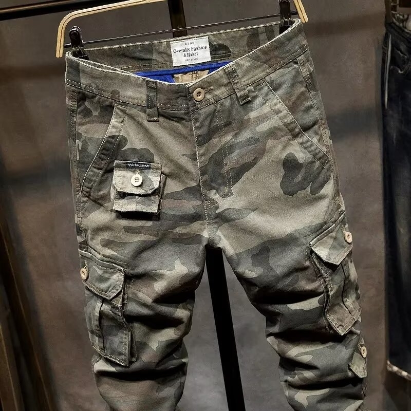 Мъжки тактически камуфляжни панталони с множество джобове — свободна кройка, цип за закопчаване, средна талия, полиестерна смесена материя