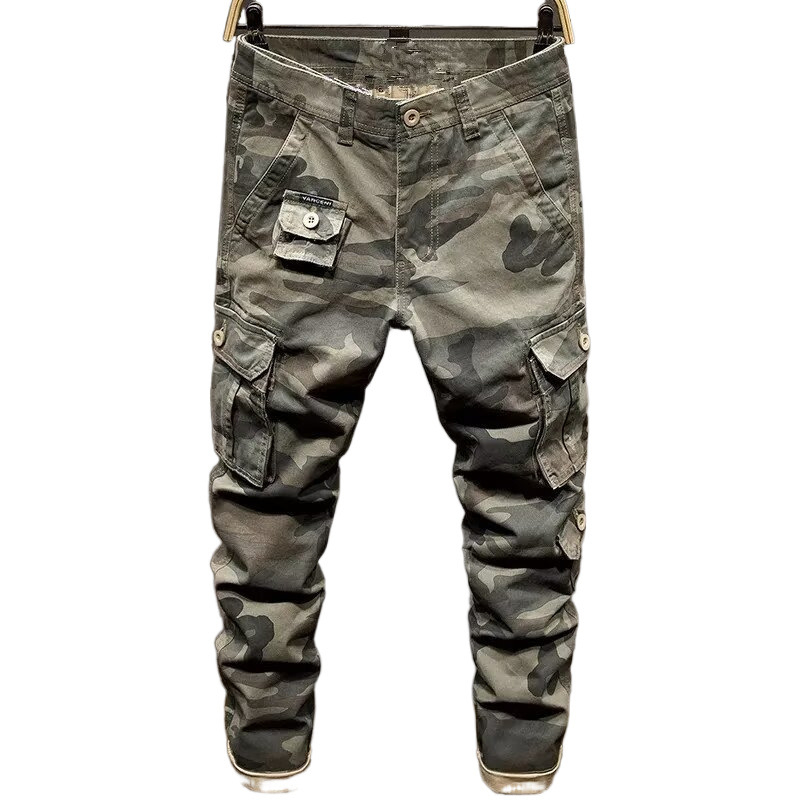 Мъжки тактически камуфляжни панталони с множество джобове — свободна кройка, цип за закопчаване, средна талия, полиестерна смесена материя