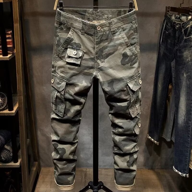Мъжки тактически камуфляжни панталони с множество джобове — свободна кройка, цип за закопчаване, средна талия, полиестерна смесена материя