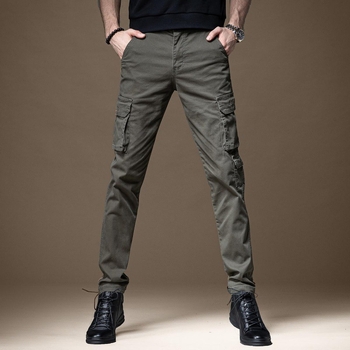 Αντρικά παντελόνια cargo, στενή γραμμή, κορεατικού στυλ, VOOJAY, Άνοιξη-Φθινόπωρο 2025, με πολλές τσέπες, βαμβακομίγμα, μέση μεσαία, φερμουάρ