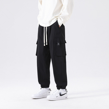 Ανδρικά παντελόνια εργασίας σε ιαπωνικό στυλ, καθημερινής χρήσης – κομμένα σε cropped μήκος, μεσαία μέση, κλείσιμο με κορδόνι, λεπτομέρειες τσέπης, πολυεστερικό ύφασμα