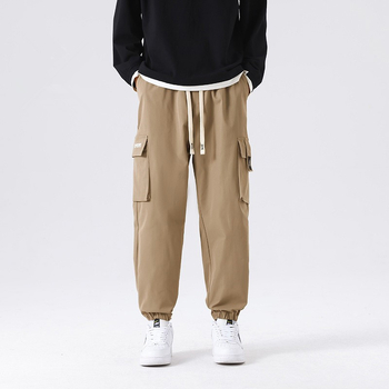 Ανδρικά παντελόνια εργασίας σε ιαπωνικό στυλ, καθημερινής χρήσης – κομμένα σε cropped μήκος, μεσαία μέση, κλείσιμο με κορδόνι, λεπτομέρειες τσέπης, πολυεστερικό ύφασμα