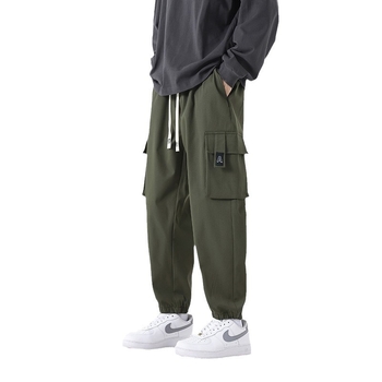 Ανδρικά παντελόνια εργασίας σε ιαπωνικό στυλ, καθημερινής χρήσης – κομμένα σε cropped μήκος, μεσαία μέση, κλείσιμο με κορδόνι, λεπτομέρειες τσέπης, πολυεστερικό ύφασμα