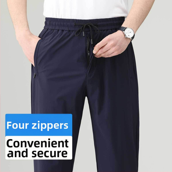 Ανδρικά καθημερινά παντελόνια με ίσια γραμμή, υψηλή μέση, αναπνεύσιμη ελαστική ύφανση, καλοκαίρι, 75% νάιλον