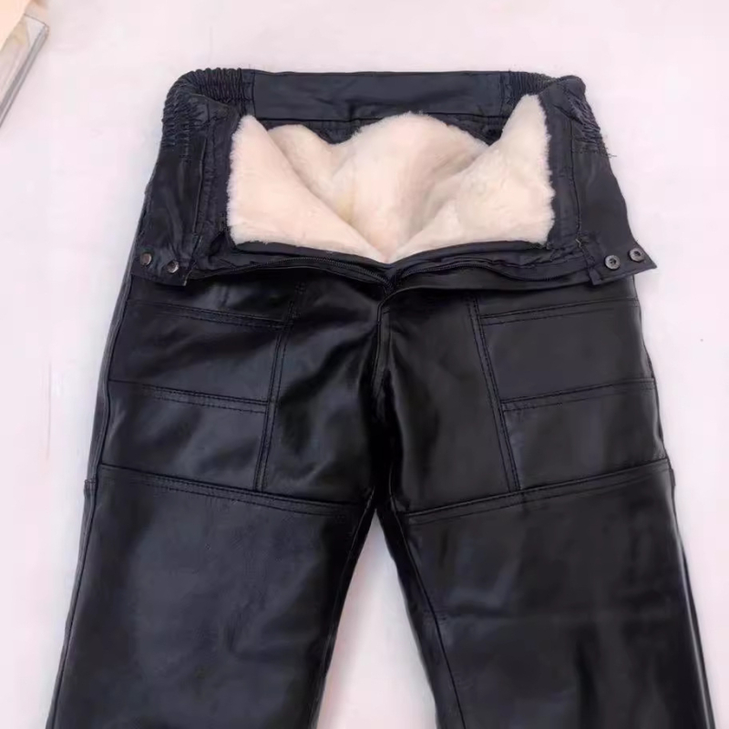 Vyriškos odinius šiltos kelnės žiemai, aukštas juosmuo, tiesus kirpimas, viduje shearling, storos
