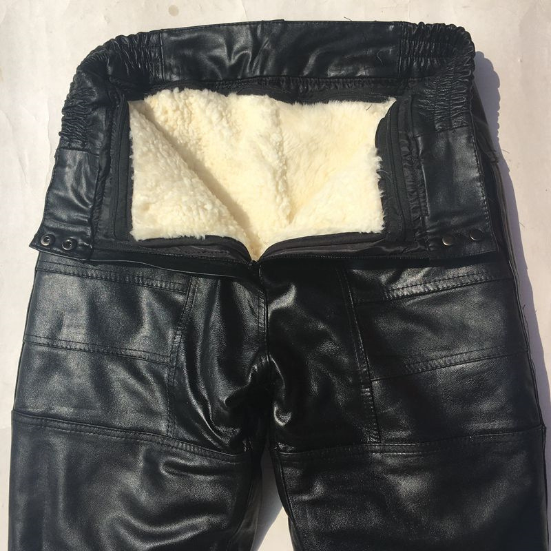 Vyriškos odinius šiltos kelnės žiemai, aukštas juosmuo, tiesus kirpimas, viduje shearling, storos